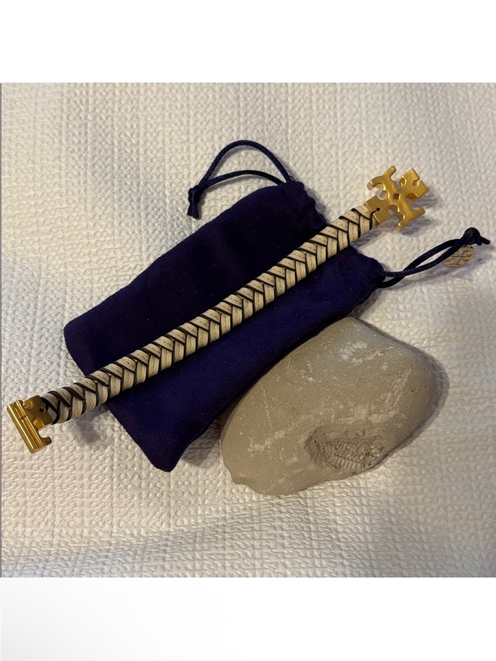Tory Burch Cream & Black Braided Leather Bracelet with Gold Logo - Picture 5 of 5